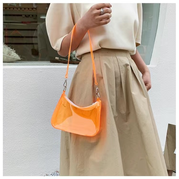 Womens NEW Y2K Neon Orange PVC Zipper Shoulder Bag Clutch Travel Makeup Purse - Picture 2 of 6